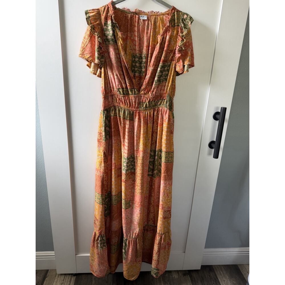 Bila Boho Maxi Dress Large Patchwork Floral Tiered Ruffle Sleeve Festival Dress